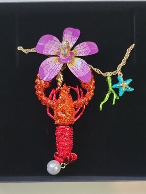Betsey JohnsonTropical Lobster Pendant Necklace with Purple Flower and Pearl